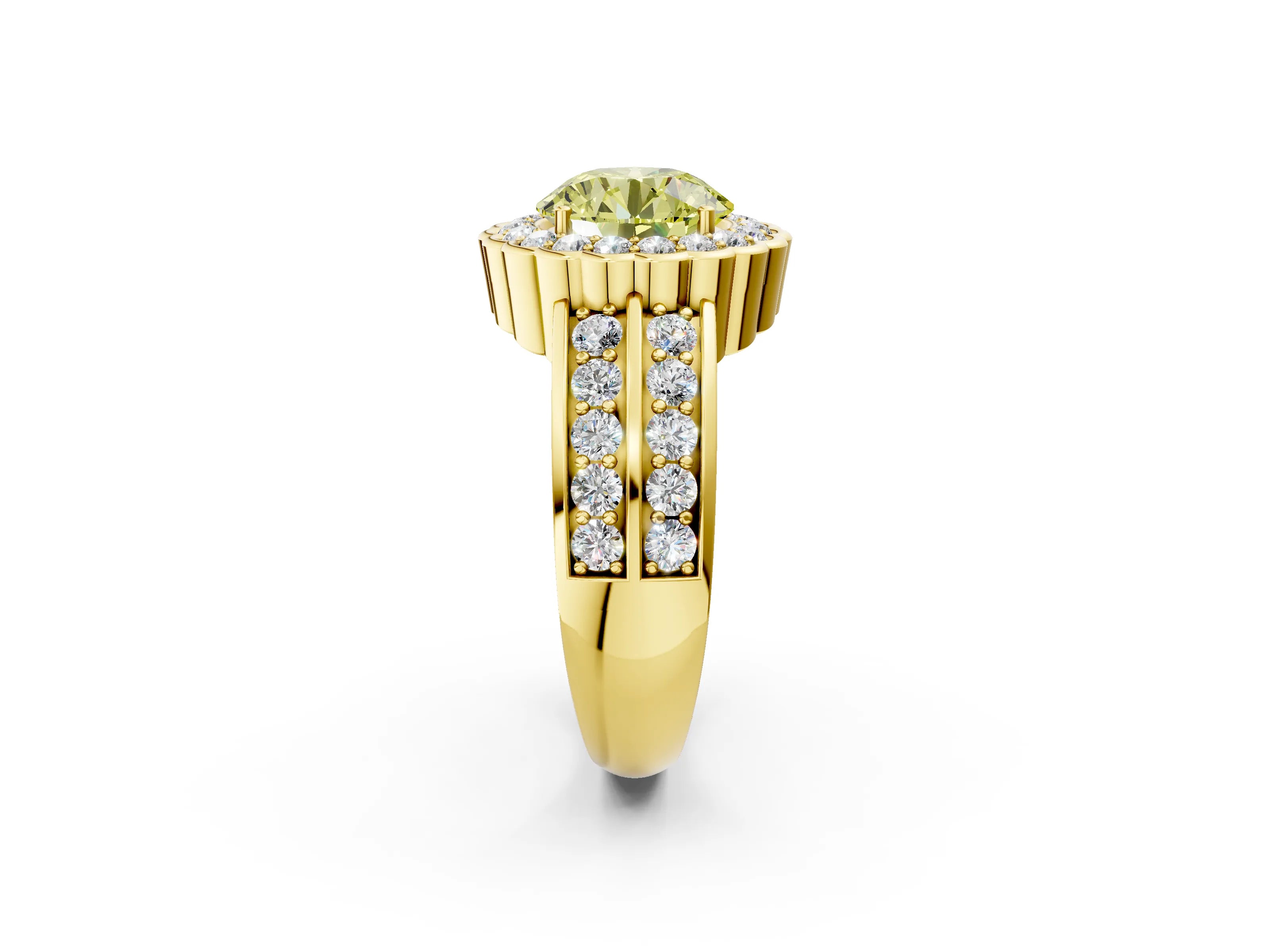 Yellow gold Fancy Yellow Round Cut Halo Diamond Split Shank Ring with Scalloped Prong Setting_2