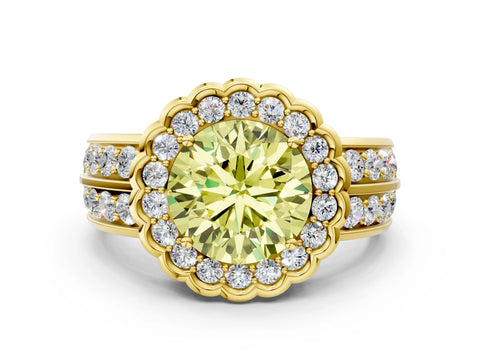 Yellow gold Fancy Yellow Round Cut Halo Diamond Split Shank Ring with Scalloped Prong Setting