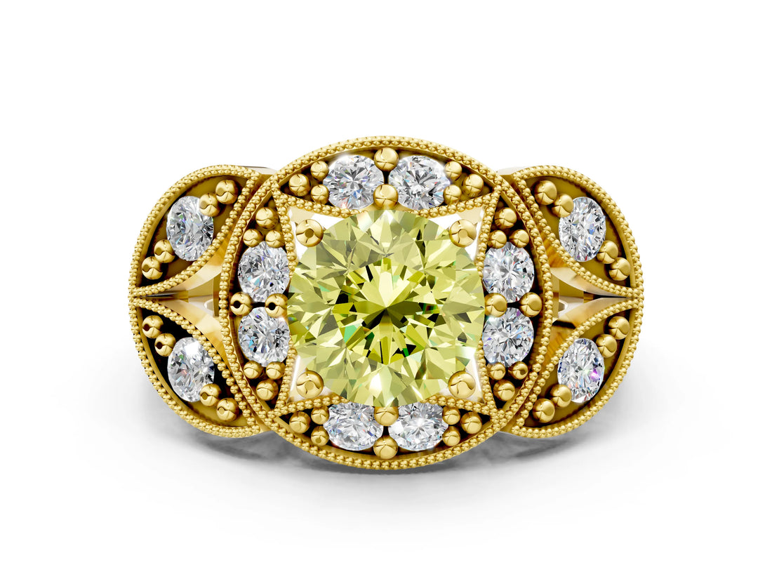 Yellow gold Fancy Yellow Round Cut Halo Milgrain Diamond Engagement Ring with Leaf Band and Four-Prong Setting