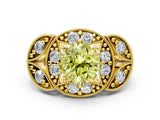 Yellow gold Fancy Yellow Round Cut Halo Milgrain Diamond Engagement Ring with Leaf Band and Four-Prong Setting