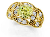 Yellow gold Fancy Yellow Round Cut Halo Milgrain Diamond Engagement Ring with Leaf Band and Four-Prong Setting_1