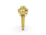 Yellow gold Fancy Yellow Round Cut Halo Milgrain Diamond Engagement Ring with Leaf Band and Four-Prong Setting_2