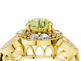 Yellow gold Fancy Yellow Round Cut Halo Milgrain Diamond Engagement Ring with Leaf Band and Four-Prong Setting_4