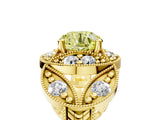 Yellow gold Fancy Yellow Round Cut Halo Milgrain Diamond Engagement Ring with Leaf Band and Four-Prong Setting_5