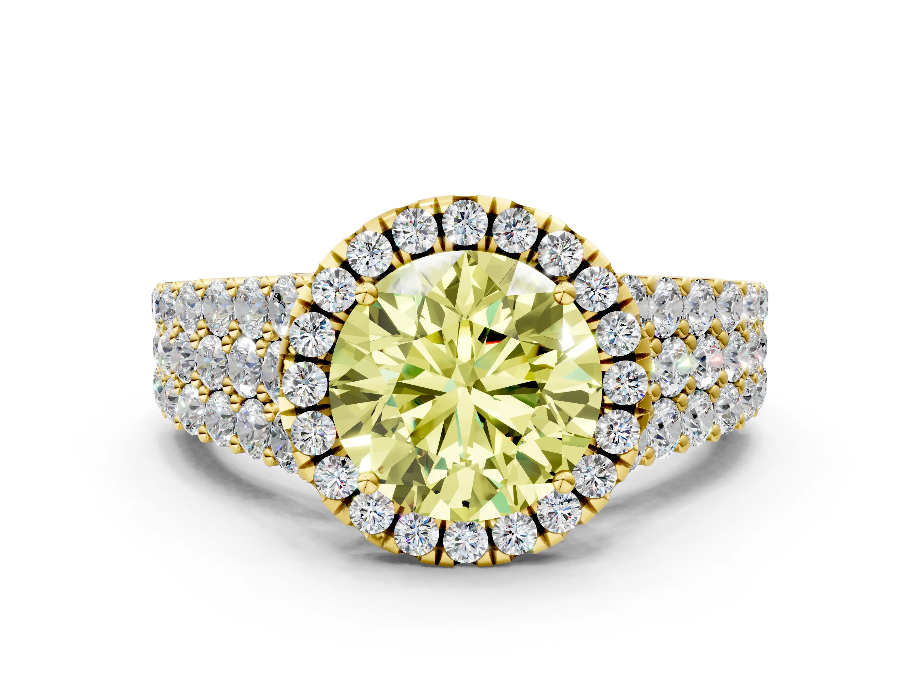 Yellow gold Fancy Yellow Round Cut Halo Pavé Diamond Engagement Ring with Split Shank and Four-Prong Setting_3