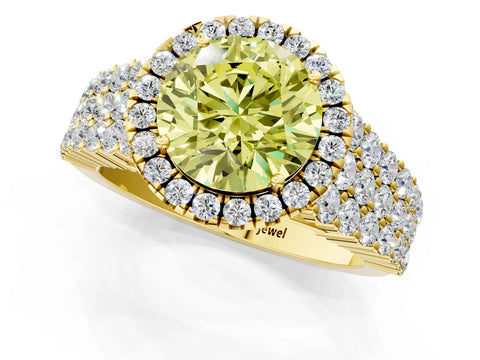 Yellow gold Fancy Yellow Round Cut Halo Pavé Diamond Engagement Ring with Split Shank and Four-Prong Setting_4