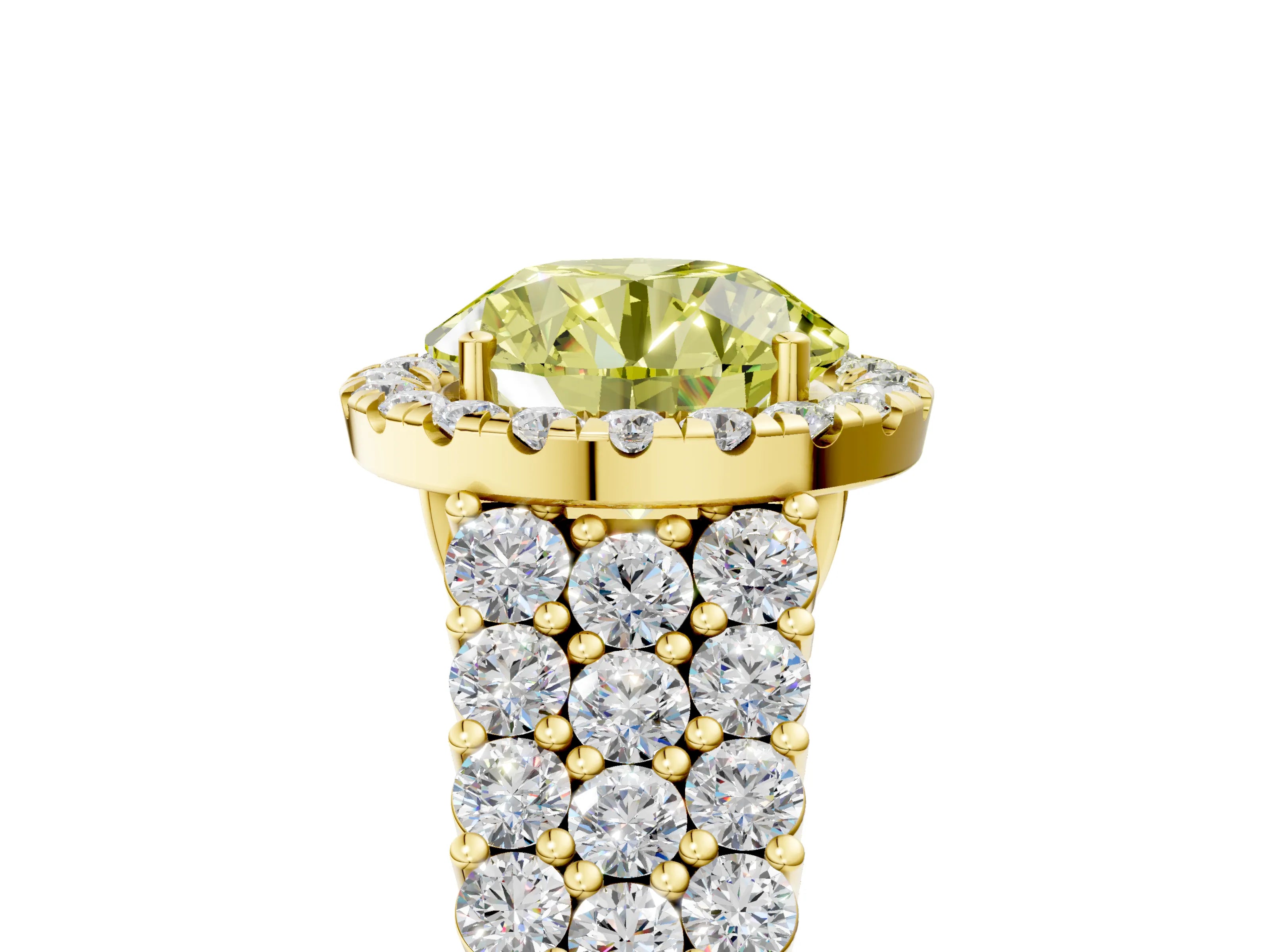 Yellow gold Fancy Yellow Round Cut Halo Pavé Diamond Engagement Ring with Split Shank and Four-Prong Setting_8