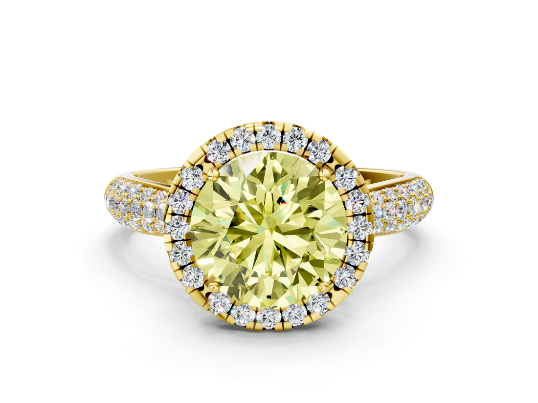 Yellow gold Fancy Yellow Round  Cut Halo Pave Band Four-Prong Setting Ring