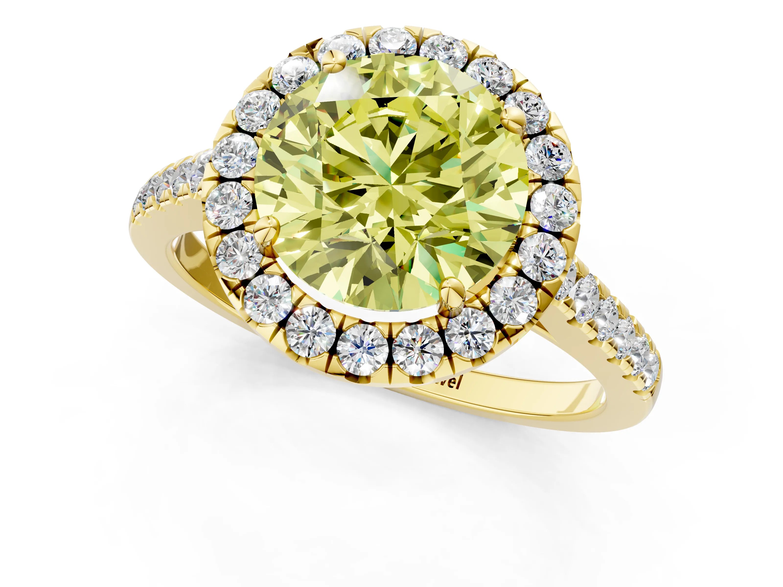 Yellow gold Fancy Yellow Round Cut Halo Pave Diamond Engagement Ring with Four-Prong Setting_1