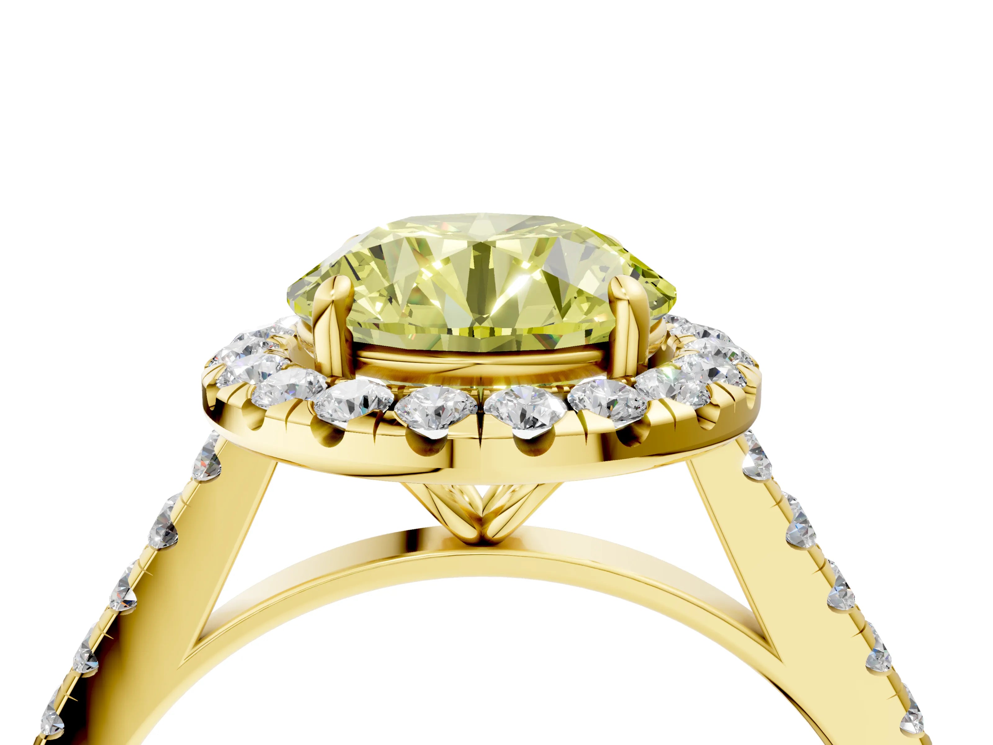 Yellow gold Fancy Yellow Round Cut Halo Pave Diamond Engagement Ring with Four-Prong Setting_4