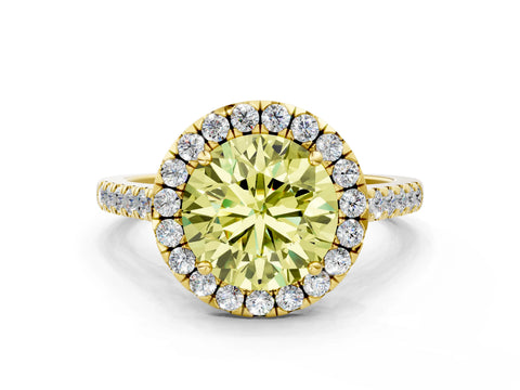 Yellow gold Fancy Yellow Round Cut Halo Pave Diamond Engagement Ring with Four-Prong Setting