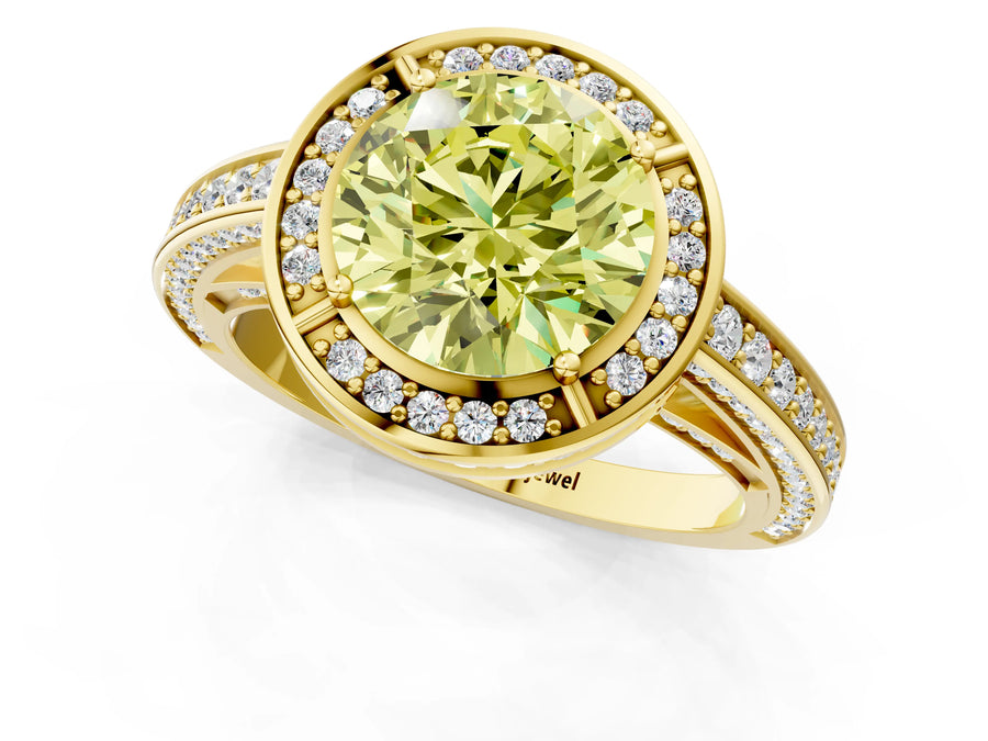 Yellow gold Fancy Yellow Round  Cut Halo Pave Split Shank Prong Setting Ring