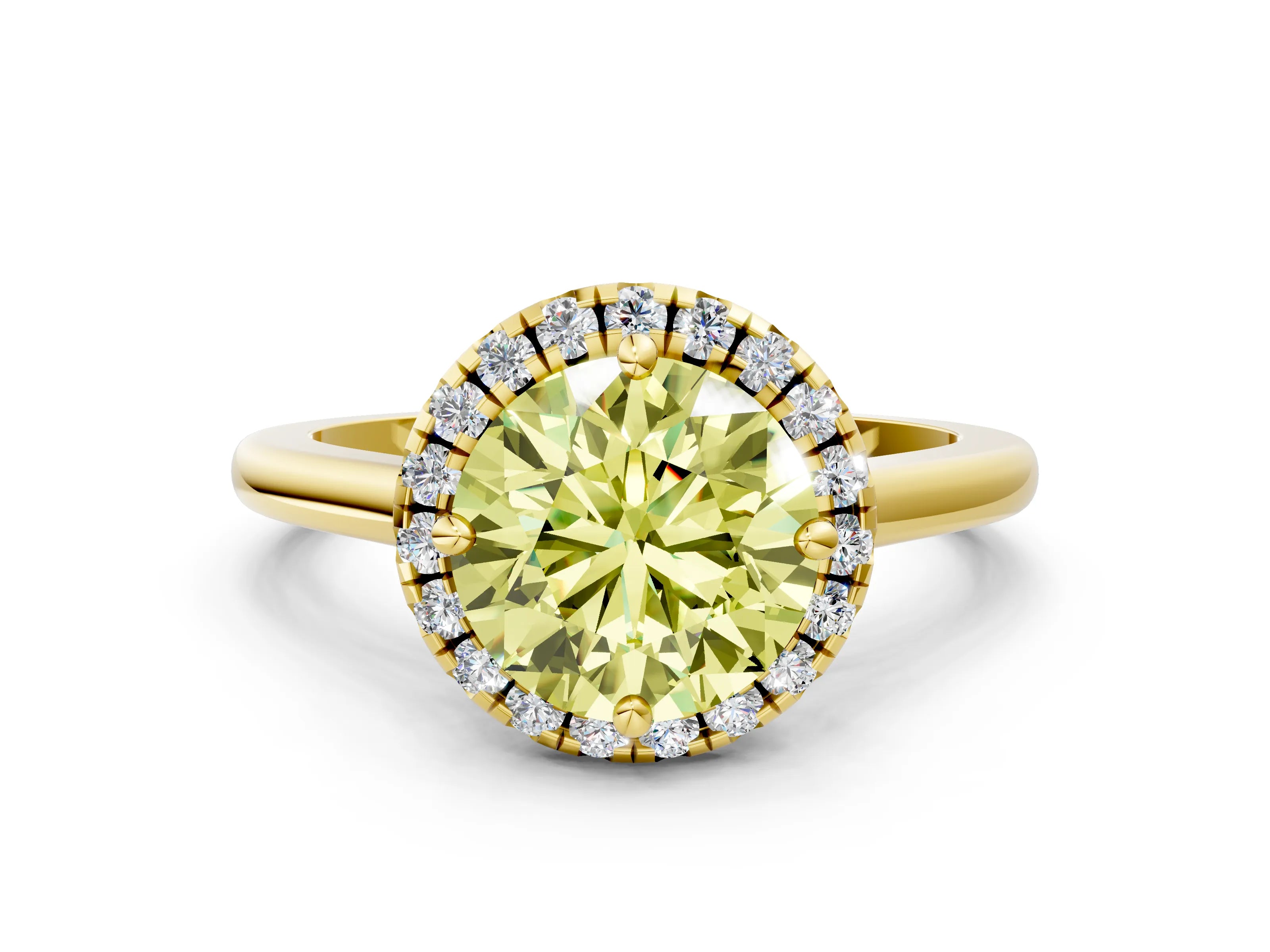 Yellow gold Fancy Yellow Round Cut Halo Round Diamond Solitaire Engagement Ring with Pave Band and Four-Prong Setting_12