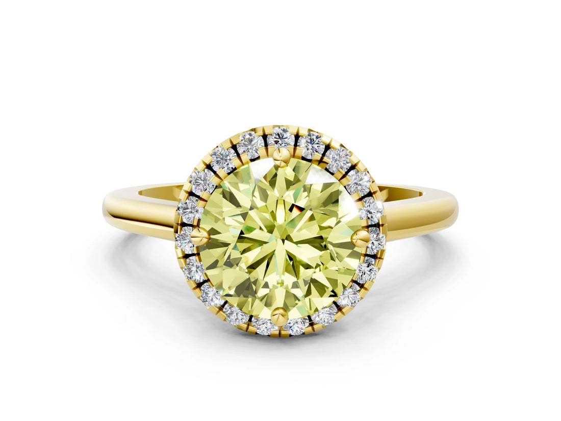 Yellow gold Fancy Yellow Round Cut Halo Round Diamond Solitaire Engagement Ring with Pave Band and Four-Prong Setting_12