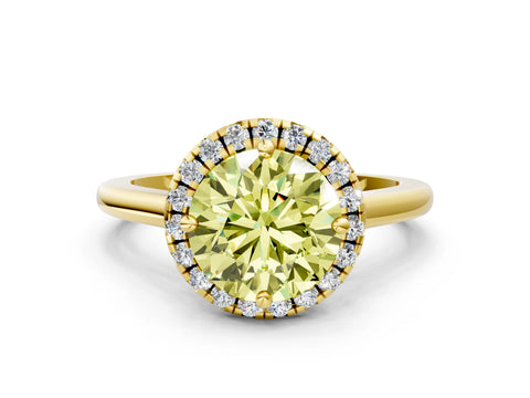 Yellow gold Fancy Yellow Round Cut Halo Round Diamond Solitaire Engagement Ring with Pave Band and Four-Prong Setting_12