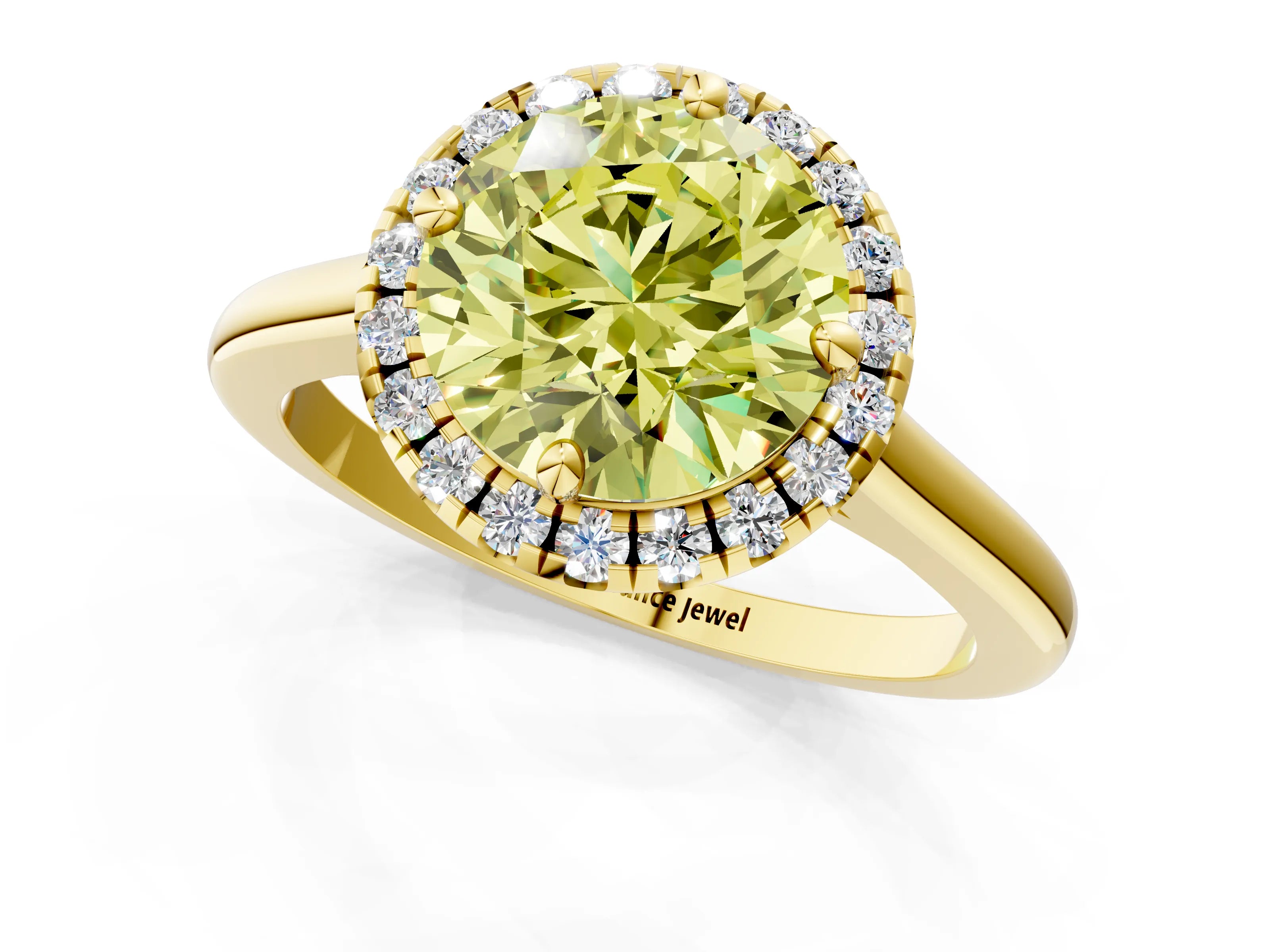 Yellow gold Fancy Yellow Round Cut Halo Round Diamond Solitaire Engagement Ring with Pave Band and Four-Prong Setting_13