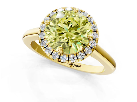 Yellow gold Fancy Yellow Round Cut Halo Round Diamond Solitaire Engagement Ring with Pave Band and Four-Prong Setting_13