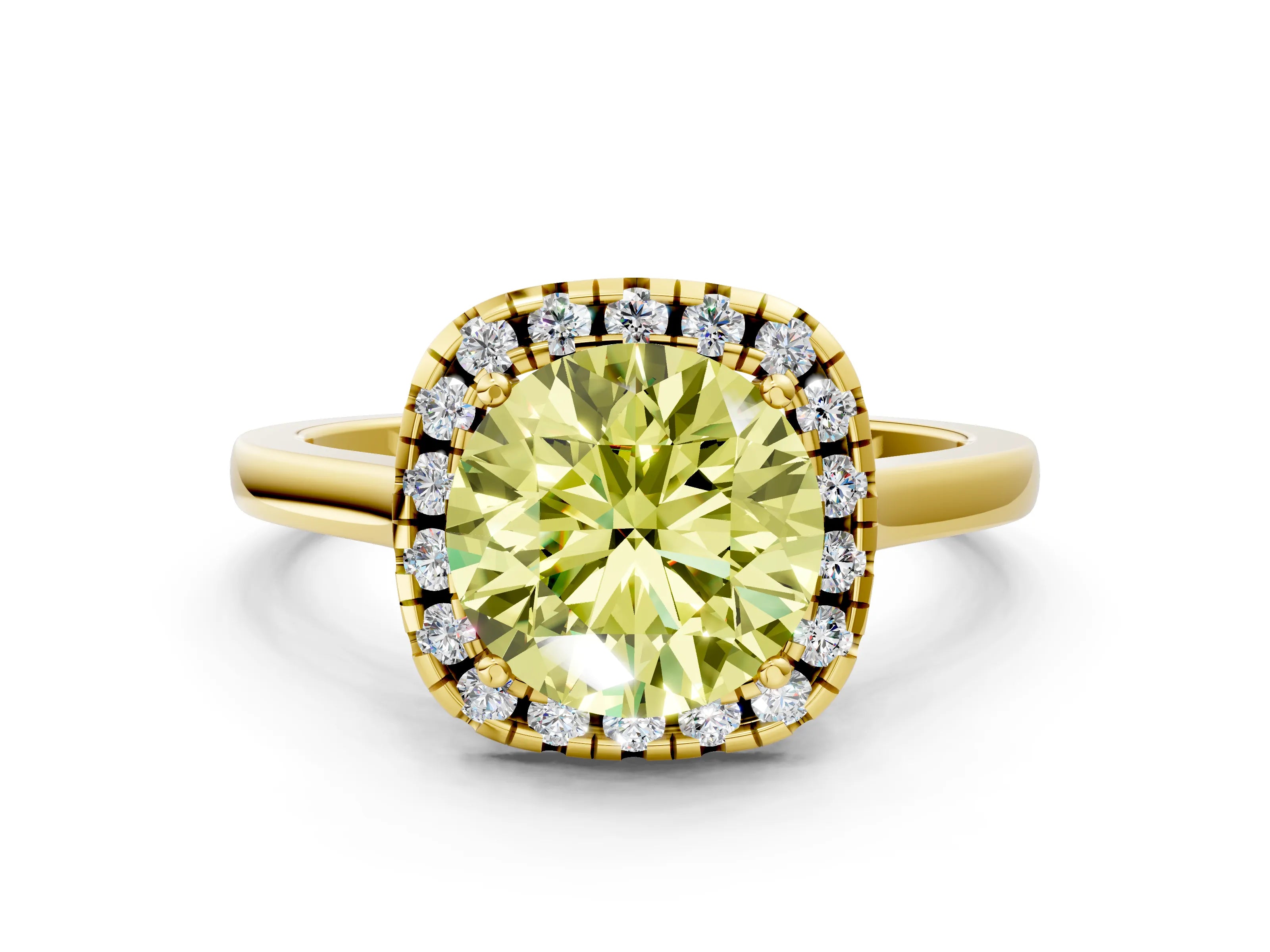 Yellow gold Fancy Yellow Round Cut Halo Round Diamond Solitaire Ring with Pavé Band and Four-Prong Setting