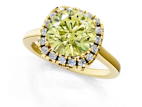Yellow gold Fancy Yellow Round Cut Halo Round Diamond Solitaire Ring with Pavé Band and Four-Prong Setting_1