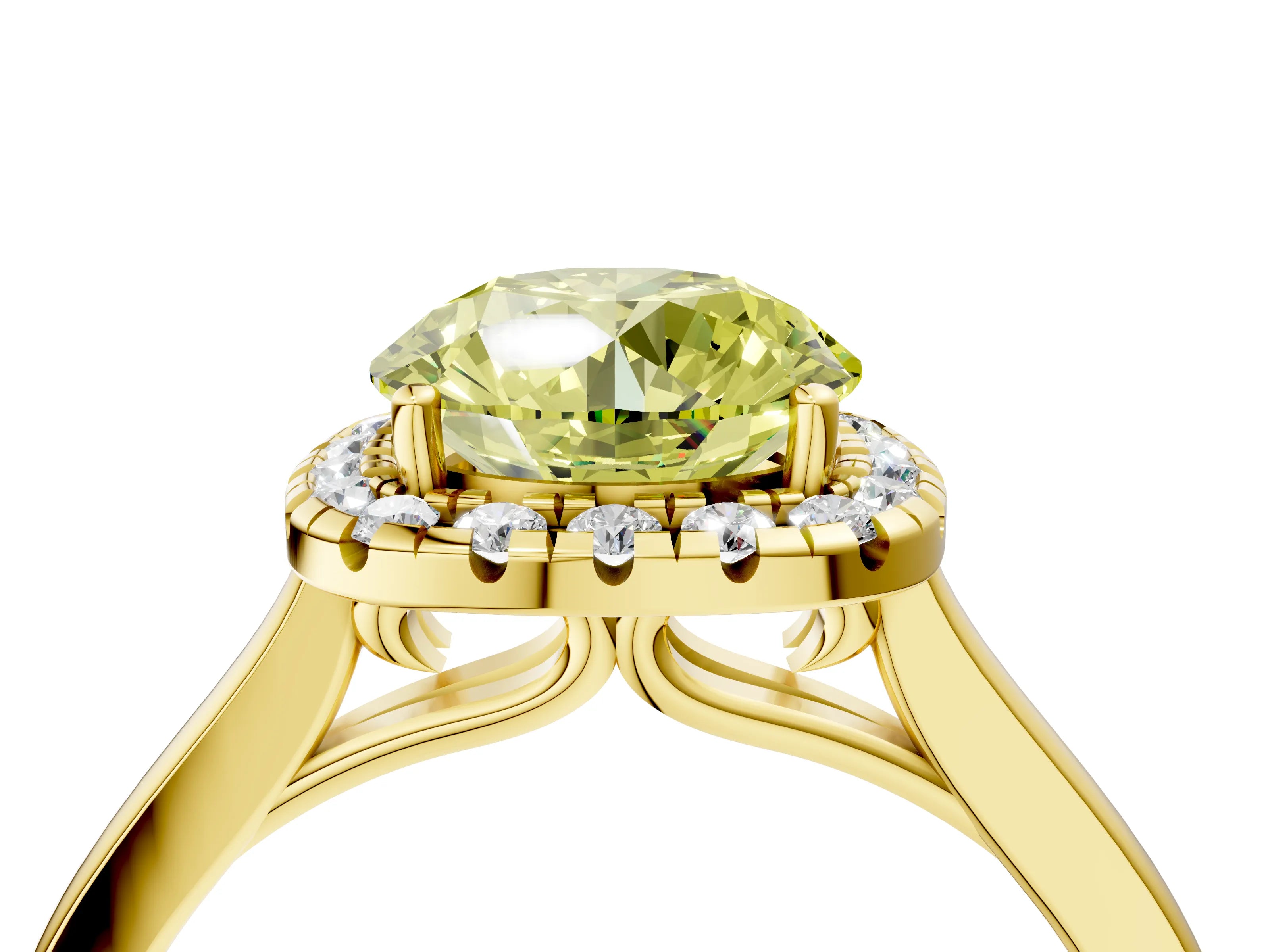 Yellow gold Fancy Yellow Round Cut Halo Round Diamond Solitaire Ring with Pavé Band and Four-Prong Setting_4