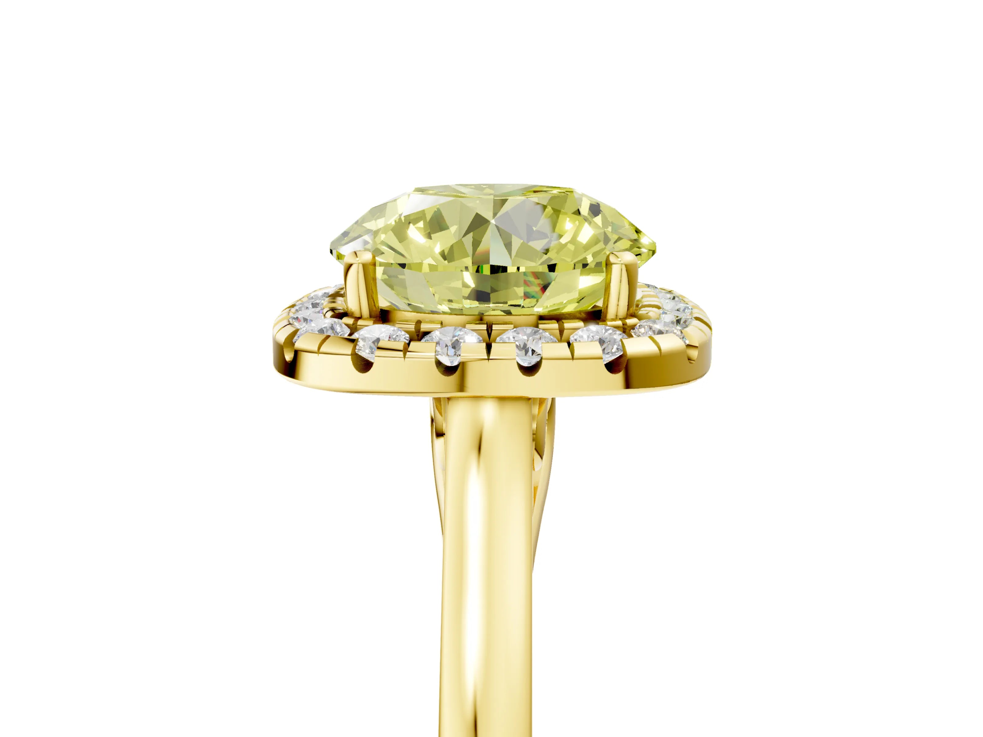 Yellow gold Fancy Yellow Round Cut Halo Round Diamond Solitaire Ring with Pavé Band and Four-Prong Setting_5