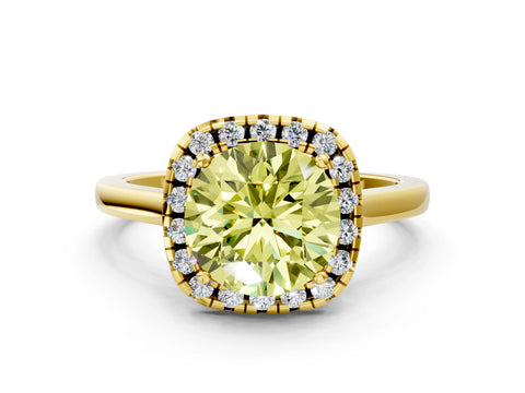 Yellow gold Fancy Yellow Round Cut Halo Round Diamond Solitaire Ring with Pavé Band and Four-Prong Setting