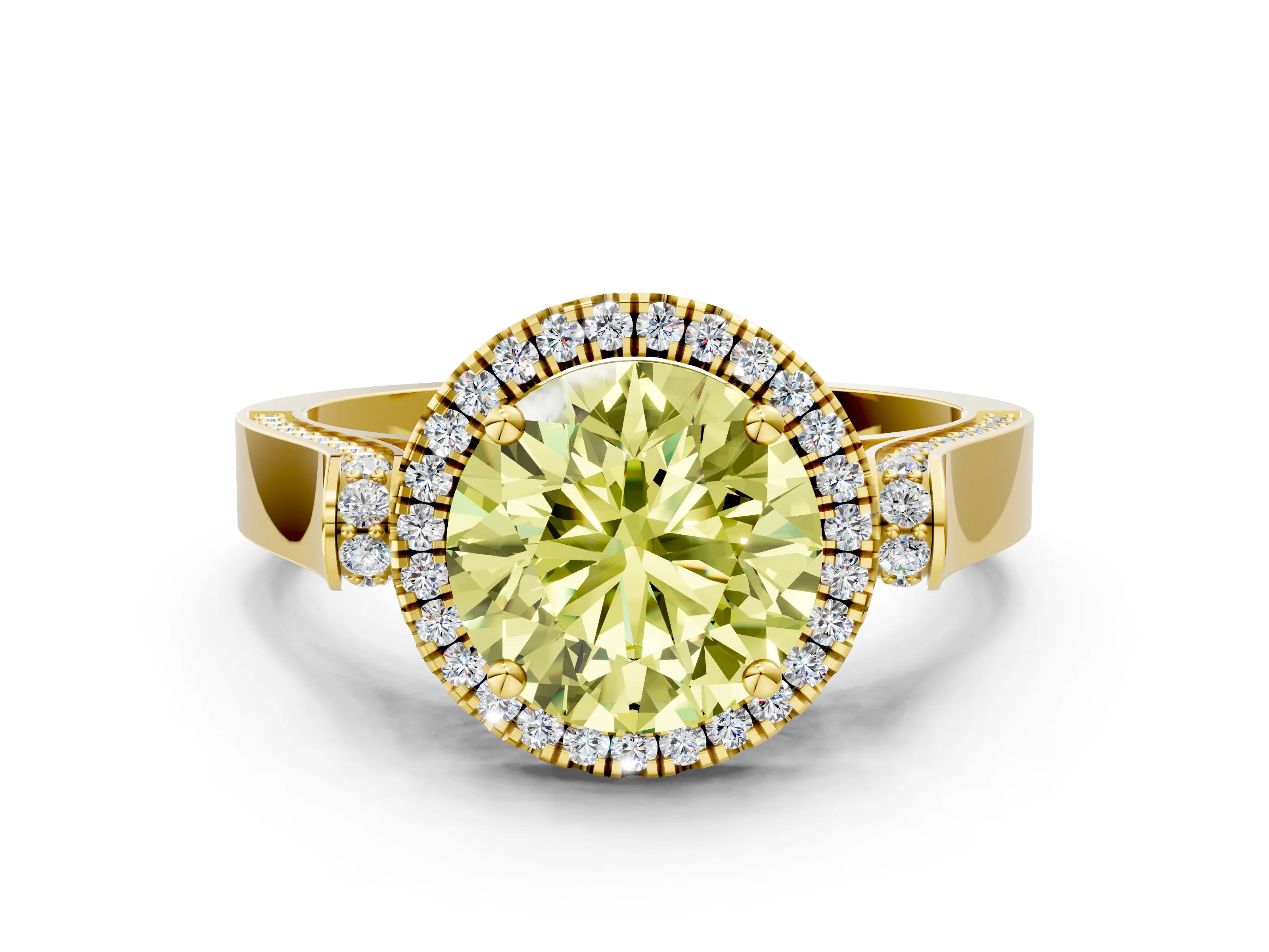 Yellow gold Fancy Yellow Round Cut Halo Round Diamond Twist Band with Four-Prong Setting