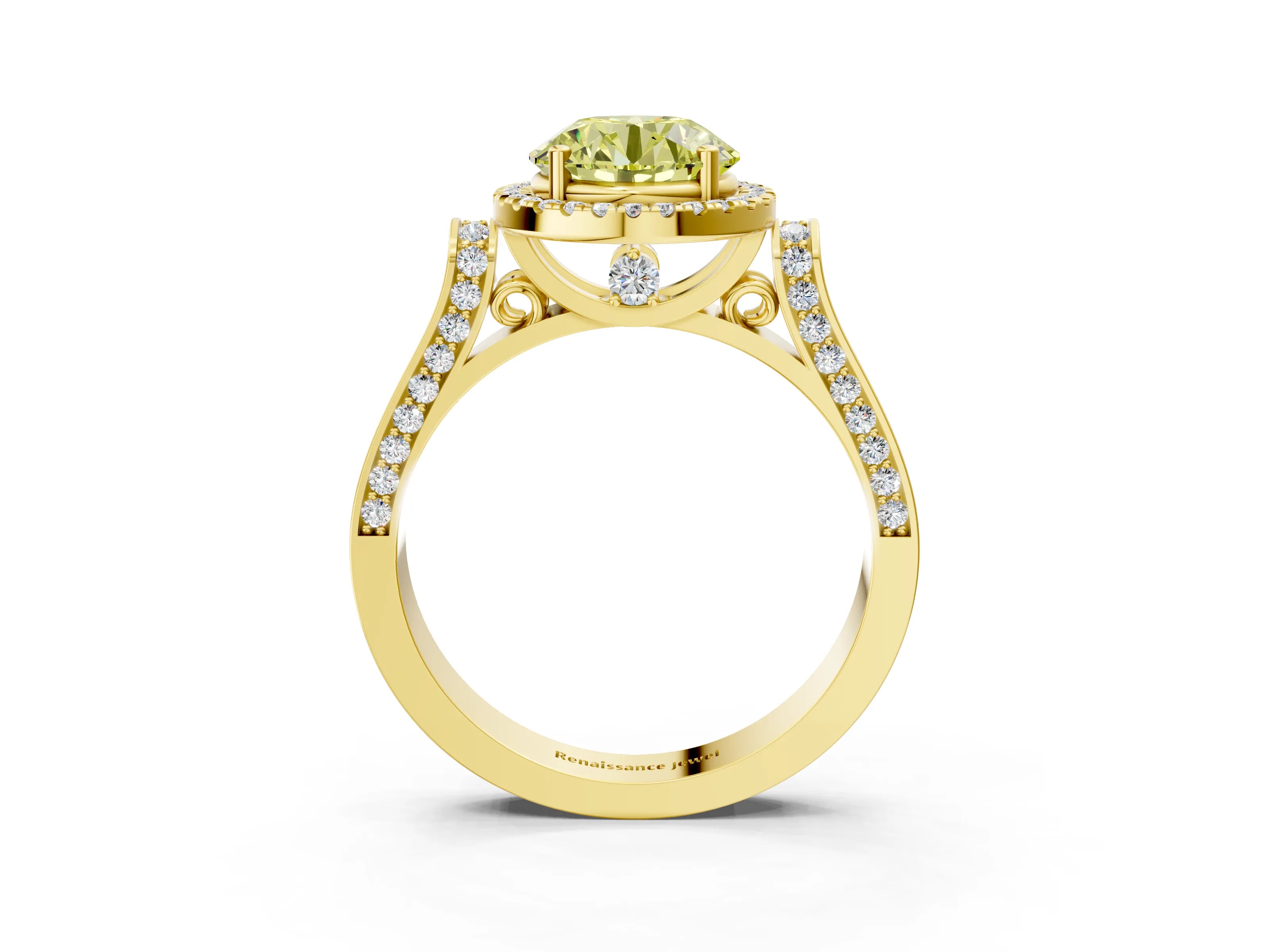 Yellow gold Fancy Yellow Round Cut Halo Round Diamond Twist Band with Four-Prong Setting_3
