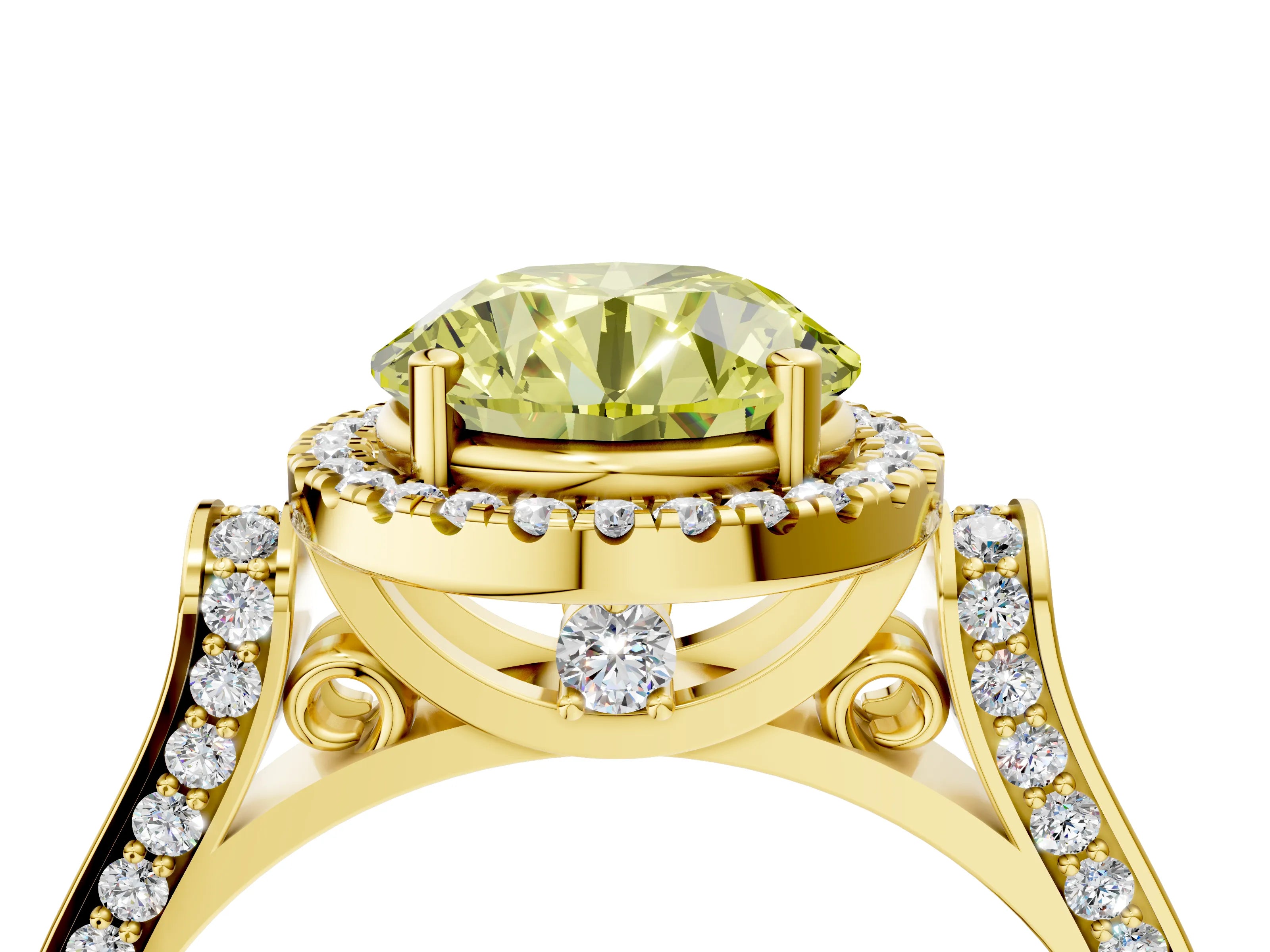 Yellow gold Fancy Yellow Round Cut Halo Round Diamond Twist Band with Four-Prong Setting_4