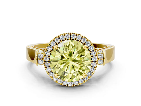 Yellow gold Fancy Yellow Round Cut Halo Round Diamond Twist Band with Four-Prong Setting