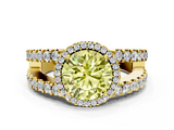 Yellow gold Fancy Yellow Round  Cut Halo Split Shank Diamond Ring with Four-Prong Setting