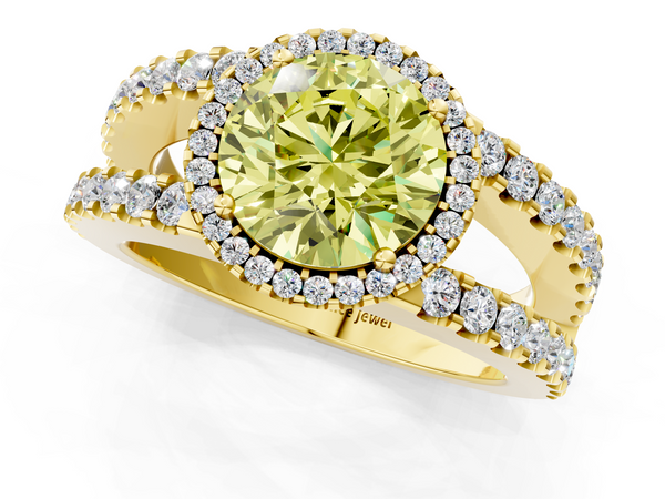 Yellow gold Fancy Yellow Round  Cut Halo Split Shank Diamond Ring with Four-Prong Setting
