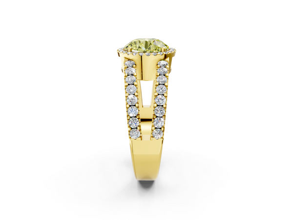 Yellow gold Fancy Yellow Round  Cut Halo Split Shank Diamond Ring with Four-Prong Setting