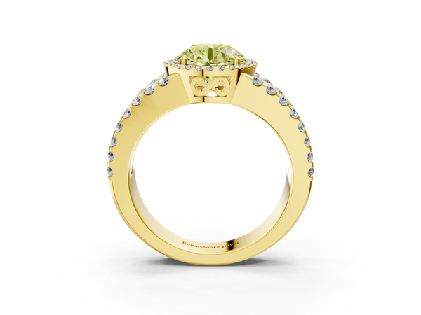 Yellow gold Fancy Yellow Round  Cut Halo Split Shank Diamond Ring with Four-Prong Setting