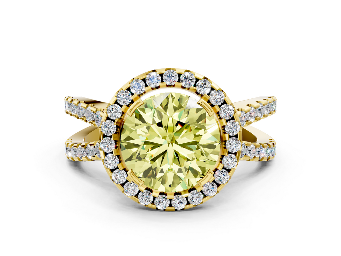 Yellow gold Fancy Yellow Round  Cut Halo Split Shank Pave Set Ring