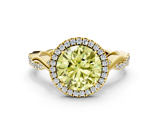 Yellow gold Fancy Yellow Round Cut Halo Twist Band with Four-Prong Setting