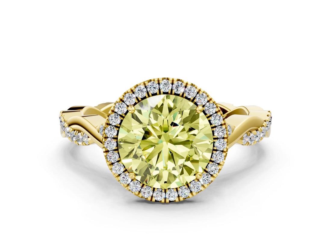 Yellow gold Fancy Yellow Round Cut Halo Twist Band with Four-Prong Setting_12