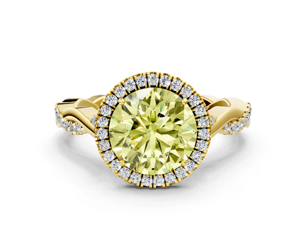Yellow gold Fancy Yellow Round Cut Halo Twist Band with Four-Prong Setting