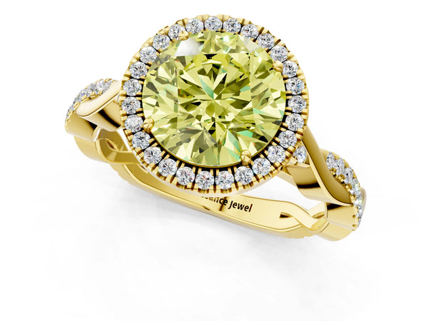 Yellow gold Fancy Yellow Round Cut Halo Twist Band with Four-Prong Setting