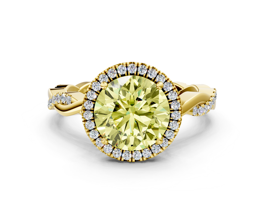 Yellow gold Fancy Yellow Round  Cut Halo Twisted Band Four-Prong Ring