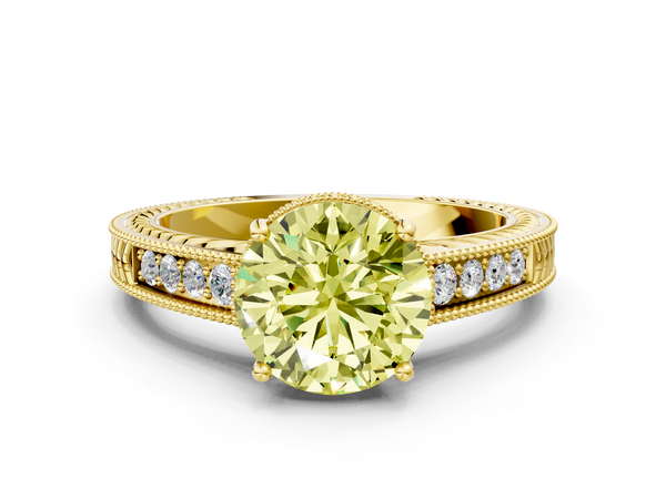 Yellow gold Fancy Yellow Round Cut Diamond Engagement Ring with Milgrain Channel Set Band and Prong Setting