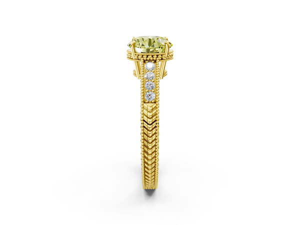 Yellow gold Fancy Yellow Round Cut Diamond Engagement Ring with Milgrain Channel Set Band and Prong Setting