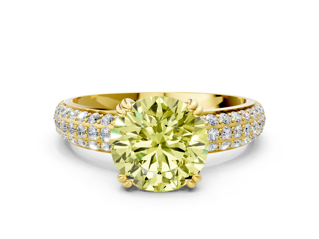 Yellow gold Fancy Yellow Round  Cut Pave Diamond Engagement Ring with Channel Set Band and Four-Prong Setting