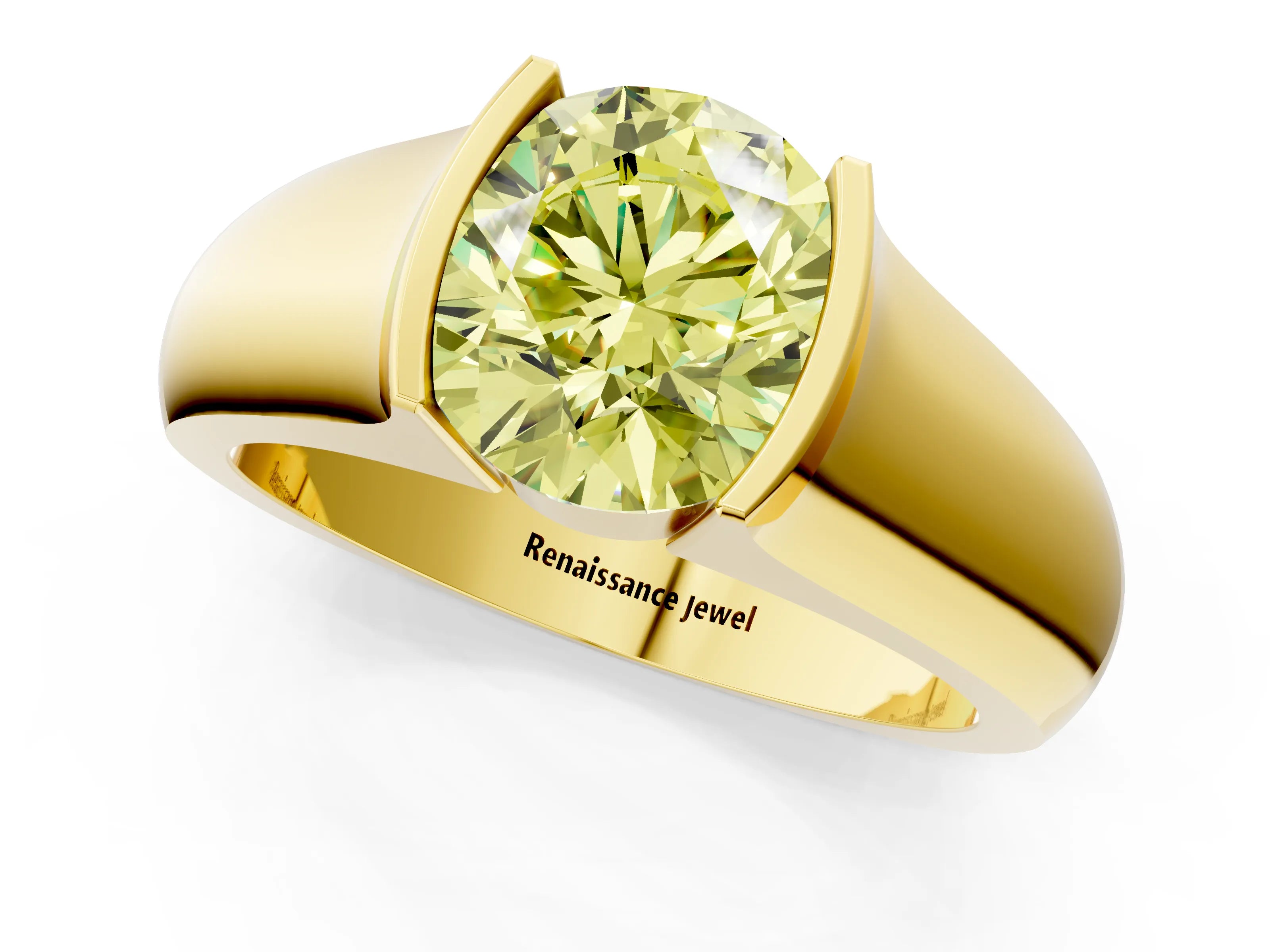 Yellow gold Fancy Yellow Round Cut Solitaire Bezel Set Diamond Ring with Wide Band_1