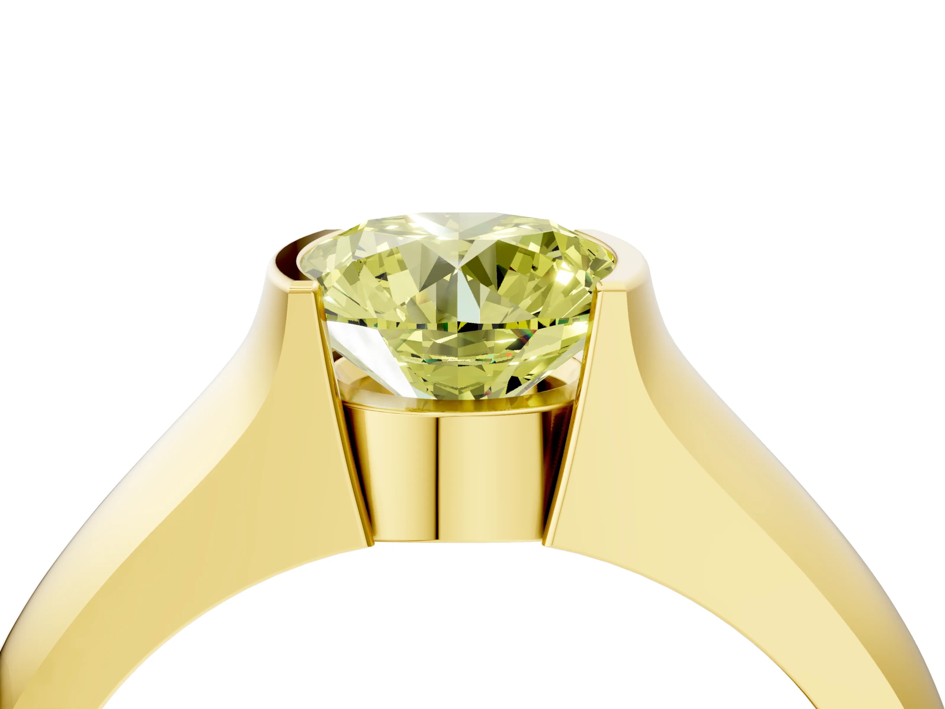 Yellow gold Fancy Yellow Round Cut Solitaire Bezel Set Diamond Ring with Wide Band_4