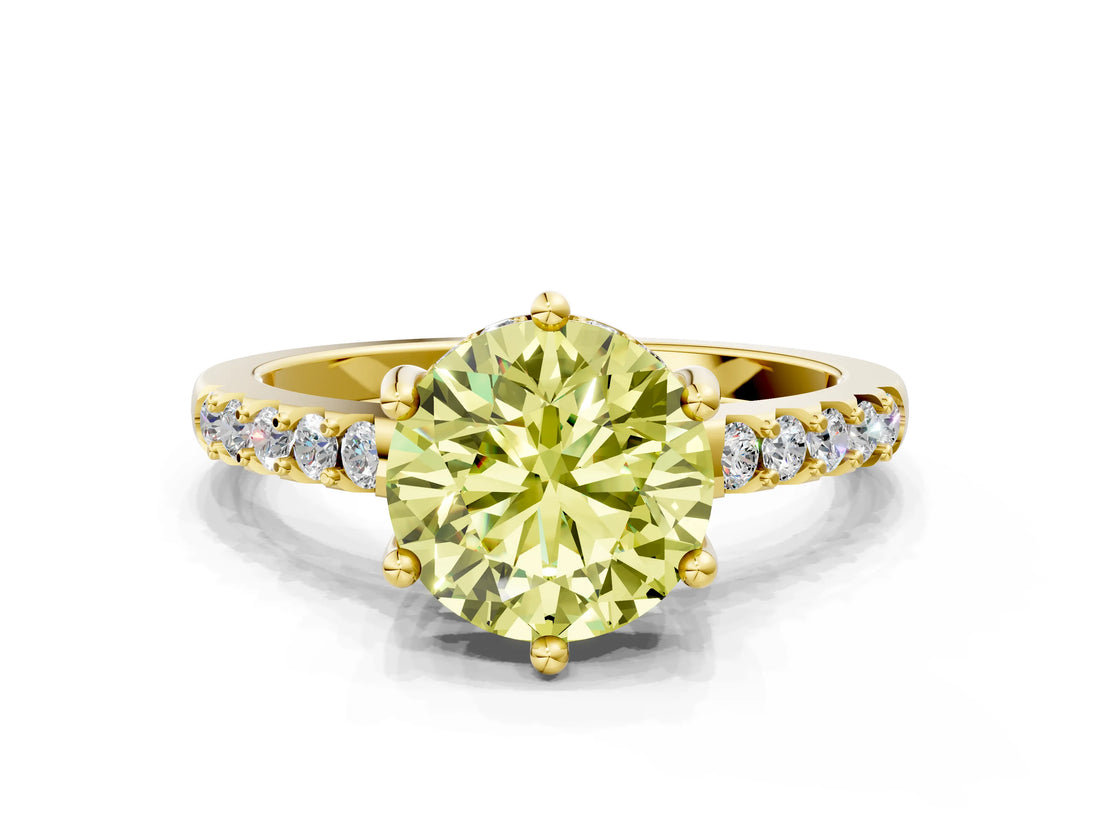 Yellow gold Fancy Yellow Round Cut Solitaire Diamond Engagement Ring with Pavé Band and Six-Prong Setting