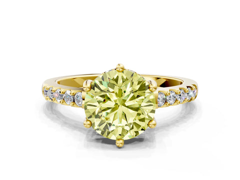 Yellow gold Fancy Yellow Round Cut Solitaire Diamond Engagement Ring with Pavé Band and Six-Prong Setting