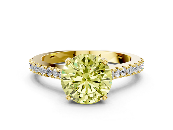 Yellow gold Fancy Yellow Round  Cut Solitaire Diamond Engagement Ring with Pave Band and Four-Prong Setting
