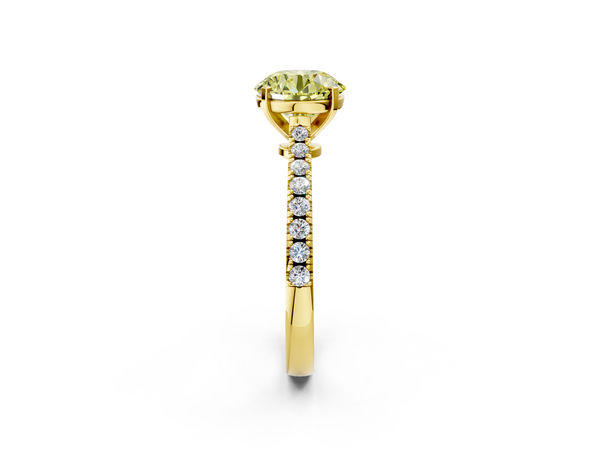 Yellow gold Fancy Yellow Round  Cut Solitaire Diamond Engagement Ring with Pave Band and Four-Prong Setting