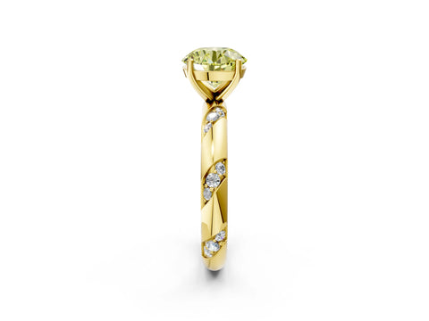 Yellow gold Fancy Yellow Round Cut Solitaire Diamond Engagement Ring with Twisted Pave Band and Four-Prong Setting_5